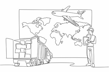 Continuous one line drawing A man wearing a project vest and helmet is holding a clipboard. Busy in the logistics warehouse. National Supply Chain Day. Single line draw design vector illustration