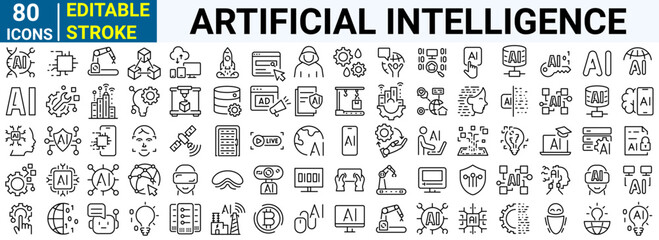 Artificial intelligence set of 80 web icons in line style. AI technology icons for web and mobile app. Machine learning, digital AI technology, algorithm, smart robotic and cloud computing network