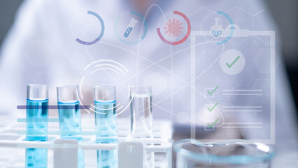 Close-up hand scientist blue fluid test tube laboratory research chemistry medicine biotechnology...