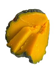 Slices of steamed pumpkin neatly arranged on a clean white background. The vibrant orange flesh and soft texture highlight its freshness and natural appeal. Ideal for use in topics related to healthy 