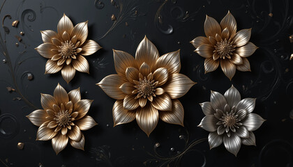 Fototapeta premium Closeup on a minimalist arrangement of black and gold flowers and leaves on a gray background
