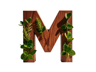 Wooden Letter M Adorned with Lush Green Foliage Against a White Background isolated on a transparent background