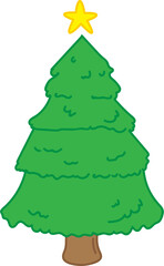 Illustration of a green Christmas tree with a yellow star on top.