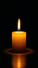 Single lit candle with delicate design reflecting on dark water