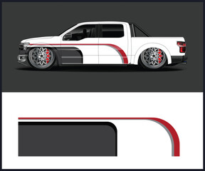Custom white pickup truck with red racing stripes and lowered suspension on a dark background © MdAbdullah