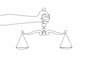 Single continuous line drawing human hand holding a scale. Symbolism. Uphold just laws. Create a sense of security for others. Equality before the law. Law Day. One line design vector illustration