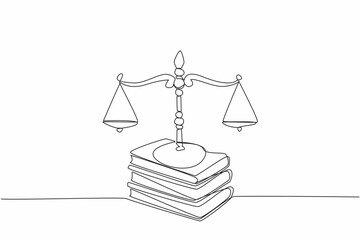 Continuous one line drawing scale on top of 3 stacks of thick books. Symbol of the rule of law. Just law. Justice makes society safe. Equality. Law Day. Single line draw design vector illustration