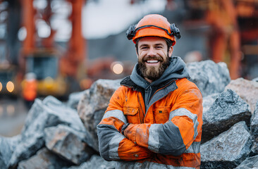 Smiling FIFO worker wearing safety helmet, high visibility orange jacket. Man at mining site, construction industry, natural resources, wearing uniform. Focus on male employee in front of rock pile,