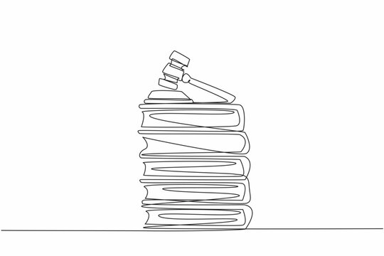 Single one line drawing judge gavel on top of 5 stacks of thick books. The case file is ready. The lawsuit will arrive at the right time. Verdict. Law Day. Continuous line design graphic illustration