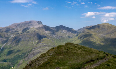View of Ben Nevis, the highest mountain in Scotland, and Carn Mhor Dearg arete from Glen Nevis