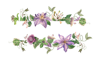 Elegant watercolor floral rectangular frame with purple flowers of clematis, honeysuckle, cobea and climbing vines. Handmade botanical illustration, perfect for wedding invitations, greeting cards