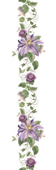 Seamless border with intertwining purple, lilac flowers and plants. Clematis, bluebells, cobwebs, leaves, vines, swirls, hand-painted in watercolor in a botanical style. For greeting cards, wedding