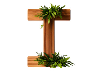 Wooden Number I Adorned with Lush Green Foliage Isolated on White Background isolated on a transparent background