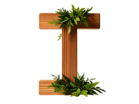 Wooden Number I Adorned with Lush Green Foliage Isolated on White Background isolated on a transparent background