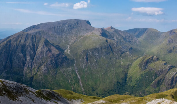 View of Ben Nevis, the highest mountain in Scotland, and Carn Mhor Dearg arete from Glen Nevis