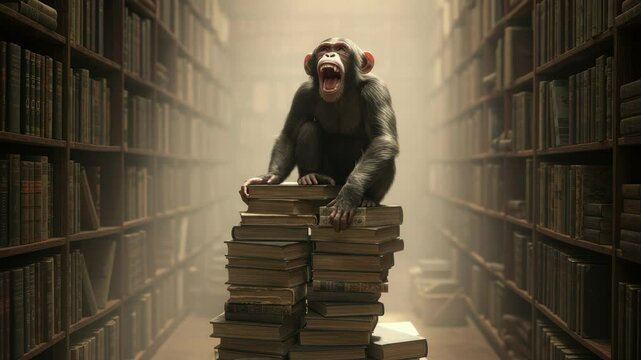 Chimpanzee sitting on a stack of old books in a library screaming or shouting loudly