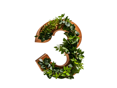 Wooden Number Three Adorned with Lush Green Foliage Isolated on White Background High Resolution 4k Stock Photo Image Download isolated on a transparent background - Powered by Adobe