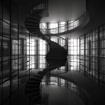 Spiral staircase inside mirrored geometric cube