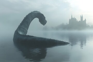 Fototapeta premium A large serpentine creature emerged from the calm, misty surface of the lake. Its long, curved neck, its jagged back breaking the water in an elegant arc, shimmering in the pale light of dawn