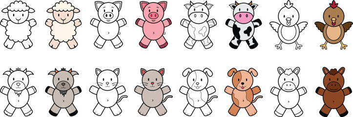 Cartoon Farm Animal Collection: A charming array of hand-drawn farm animals. This delightful illustration showcases the cute simplicity of a diverse selection of beloved barnyard characters.