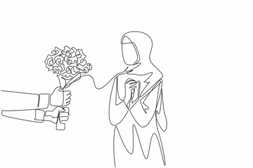 Continuous one line drawing Arabian woman clasps hands in front of chest when given bouquet of flowers. Surprise from a loved one. Couple Appreciation Day. Single line draw design vector illustration