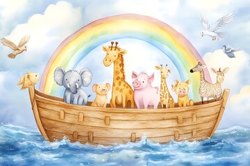 Watercolor painting of noah's ark with lion, giraffe, elephant, zebra, dove and pig, with rainbow behind the boat, clouds and sunlight in the sky, blue water