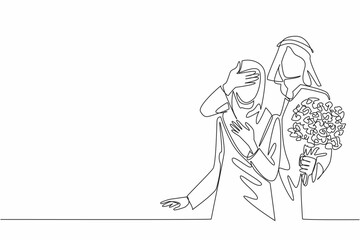 Obraz premium Single continuous line drawing the husband stands behind his wife and covers her eyes with hands. Expression of gratitude with a surprise. Couple Appreciation Day. One line design vector illustration