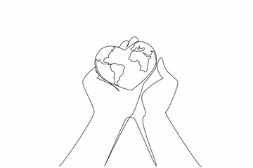 Single continuous line drawing 2 palms hold a heart shaped globe. Loving and careful treatment to keep the earth safe. Go green. Eco friendly. Global Love Day. One line design vector illustration