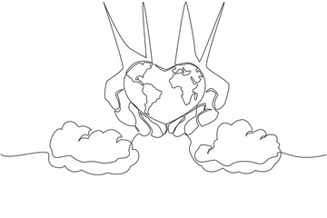 Single one line drawing heart shaped globe on 2 open palms. Taking care of the beloved earth with pleasure. Maintaining the ecosystem. Global Love Day. Continuous line design graphic illustration