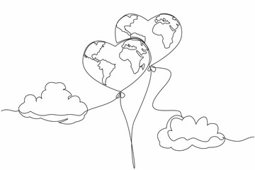 Single continuous line drawing 2 heart shaped globes tied like balloons with clouds. Take care of earth as seriously as child takes care of a toy. Global Love Day. One line design vector illustration
