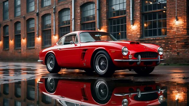 Classic Red Sports Car Parked on Wet Street in Front of Industrial Brick Building with Reflections