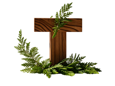 Wooden Number T Decorated with Lush Green Ferns Isolated on White Background High Resolution 4k Stock Photo Image Download isolated on a transparent background