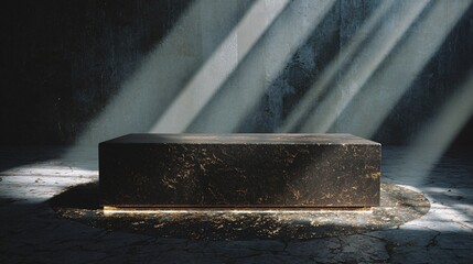 Front view of bronze podium on gold-flecked terrazzo. Industrial luxury display. Copy space. Generative AI