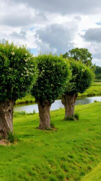 Tranquil landscape featuring three pollarded trees on vibrant green grass with a water stream and cloudy sky backdrop