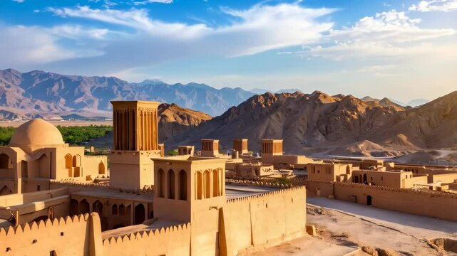 Panoramic landscape of ancient desert architecture with windcatchers, dome roofs, and mountainous backdrop under a blue sky with clouds.