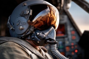Fototapeta premium A jet fighter pilot's helmet dominates the frame