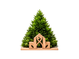 Wooden Symbol with Green Greenery Triangular Arrangement on White Shelf Isolated on White Background isolated on a transparent background