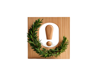 Wooden Square Frame with Green Greenery Wreath and Wooden Exclamation Mark Symbol isolated on a transparent background