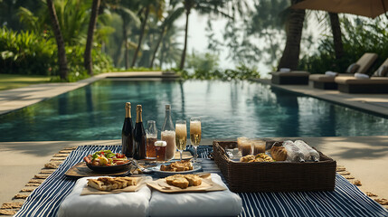 A picnic set up on the poolside with flowing drinks and delicious snacks