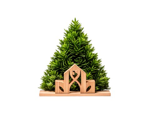 Wooden Symbol with Green Greenery Triangular Arrangement on White Shelf Isolated on White Background isolated on a transparent background