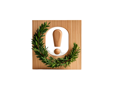 Wooden Square Frame with Green Greenery Wreath and Wooden Exclamation Mark Symbol isolated on a transparent background