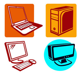 Colorful Computer Device Icons Set – Laptop, Desktop, Monitor, Tower Vector Art
