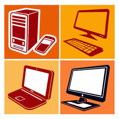 Colorful Computer Device Icons Set – Laptop, Desktop, Monitor, Tower Vector Art