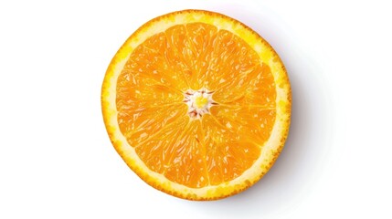 Close-up of a round orange slice.  Bright, vibrant orange citrus fruit section, perfectly sliced in half, displaying pulp and segmented interior.  Against a plain white background