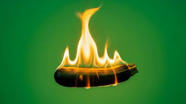 Burning Zucchini on Green Background - A single zucchini is engulfed in flames against a vibrant green backdrop.