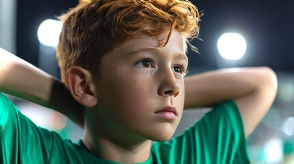 Redhead boy in green kit prepares for soccer practice warm-up routine under stadium lights