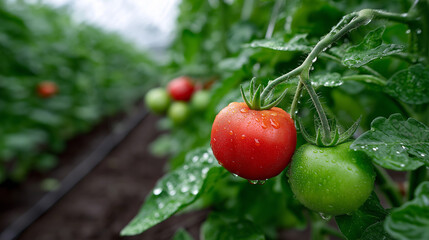 Lush indoor tomato garden with dewdrops on leaves and vibrant produce ready for harvest,greenhouse farming, ripe tomatoes, organic produce, plant trellis, dewy leaves, indoor agriculture, eco garden

