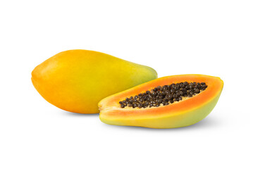 Ripe papaya fruit and cut in a half with seeds isolated. Exotic fruit cut out. Retouched photo, not...