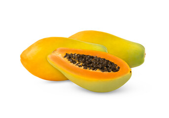 Ripe papaya fruit and a cut isolated. Papayas fruits and a half with seeds isolated. Not AI, retouched photos.