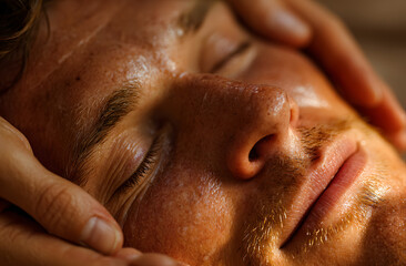 Naklejka premium Handsome man receiving facial massage at luxury spa. Masseuse hands on male face during spa treatment. Male beauty, skin care therapy. Relaxing, health, well-being concept.